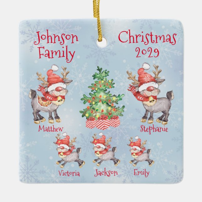 Cute Personalized Family of 5 Reindeer  Ceramic Ornament (Front)