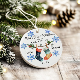 Cute Personalized Family of Two Christmas Stocking Ceramic Ornament