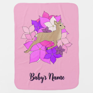 Cute Personalized Fawn and Flowers Pink Baby Blanket