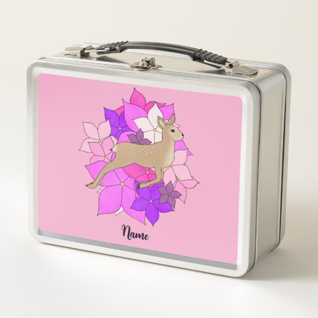 Cute Personalized Fawn with Flowers Pink Metal Lunch Box (Front)
