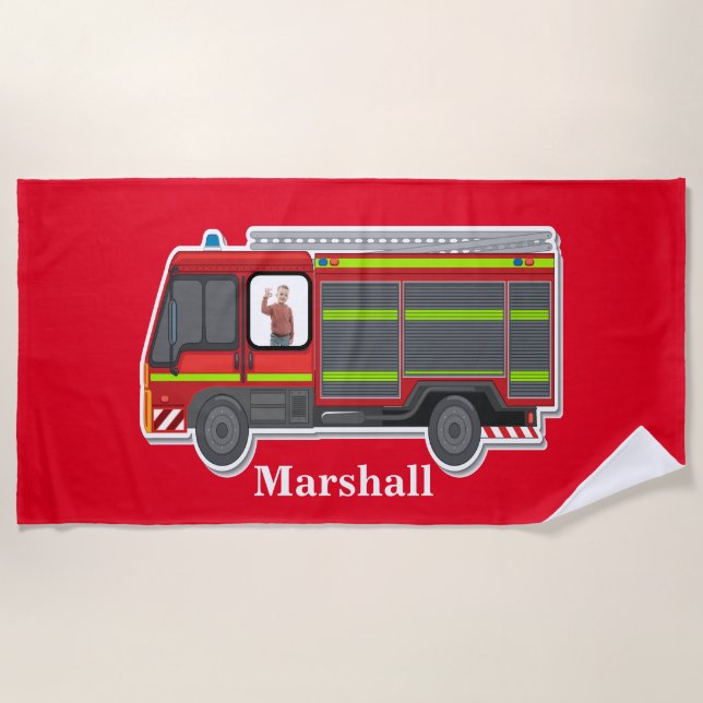 Cute  personalized fire engine kids  photo beach towel (Front)