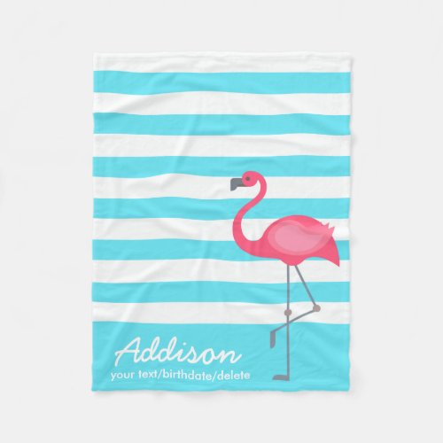 Cute Personalized Flamingo Tropical Blue Stripe Fleece Blanket