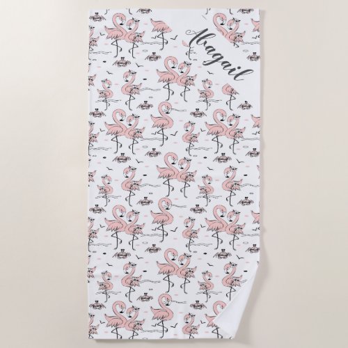 Cute Personalized Flamingos and Crabs  Beach Towel