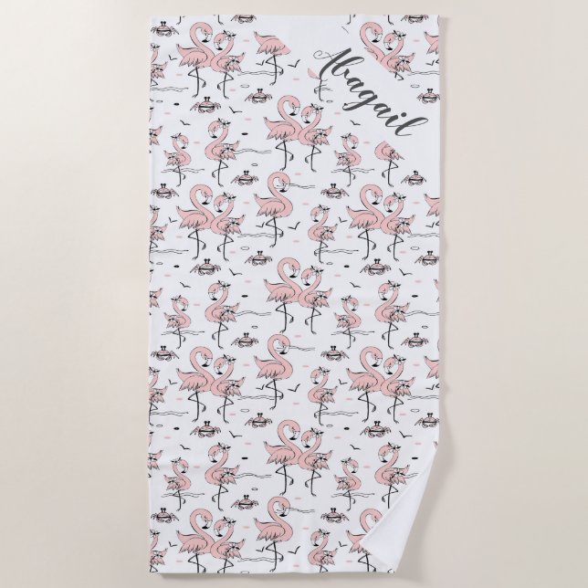 Cute Personalized Flamingos and Crabs  Beach Towel (Front)
