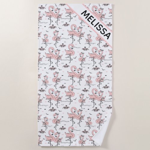Cute Personalized Flamingos and Crabs  Beach Towel