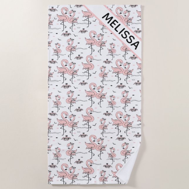 Cute Personalized Flamingos and Crabs  Beach Towel (Front)