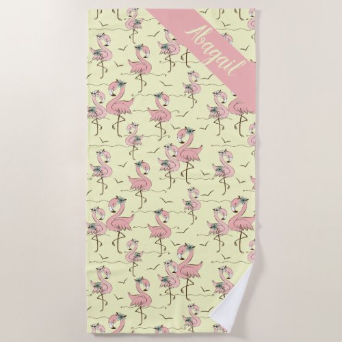 Cute Personalized Flamingos  Beach Towel