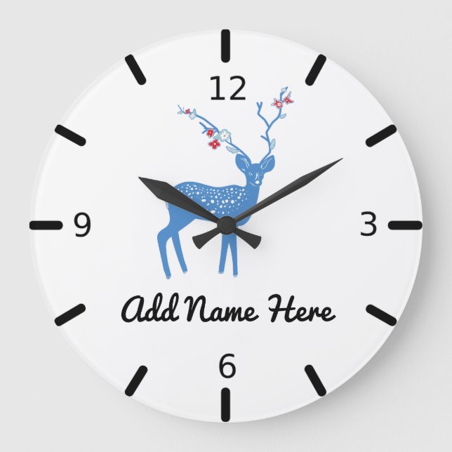 Cute Personalized Floral Deer Large Clock (Front)