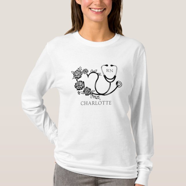 Cute Personalized Floral Stethoscope Nurse T-Shirt (Front)