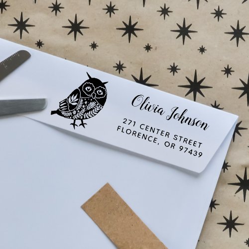 Cute Personalized Folk Art Owl Return Address Rubber Stamp