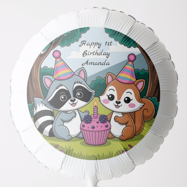Cute Personalized Forest Animals 1st Birthday Balloon (Front)