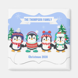 Cute Personalized Four Penguins Christmas Magnet