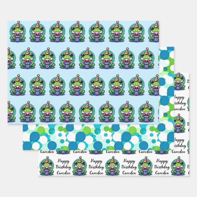 Cute Personalized Frog Themed Birthday Wrapping Paper Sheets (Set)