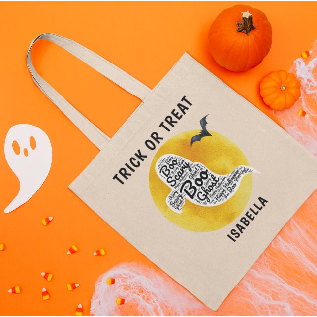 Cute Personalized Ghost Word Art Trick or Treat Tote Bag (Creator Uploaded)