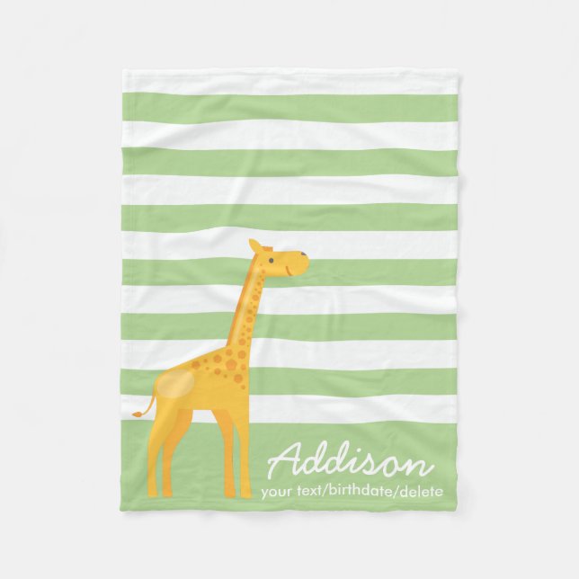Cute Personalized Giraffe Jungle Mint Green Stripe Fleece Blanket (Front)