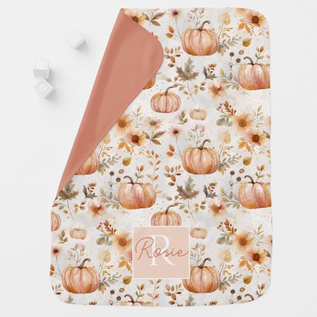 Cute Personalized Girl Pumpkin Watercolor Baby Blanket (In Situ)