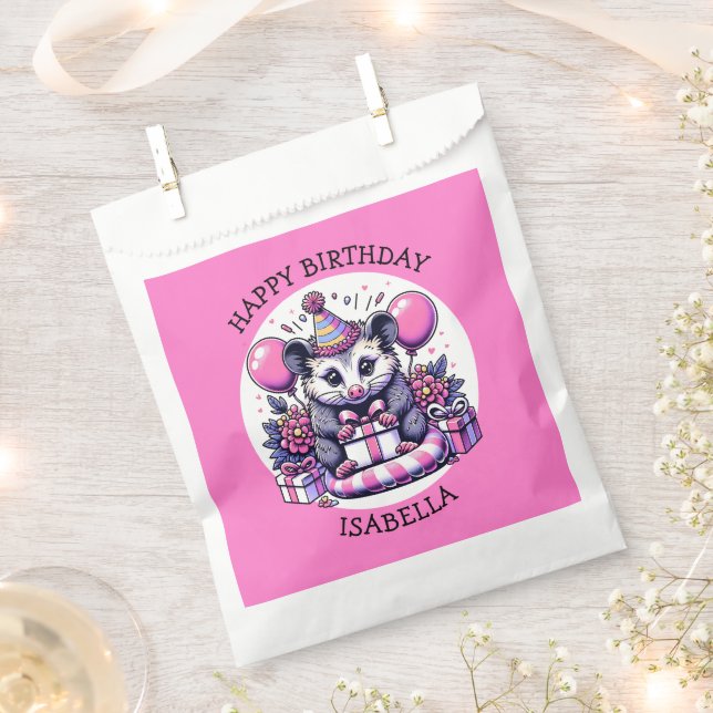 Cute Personalized Girl's Birthday Possum Favor Bag (Clipped)