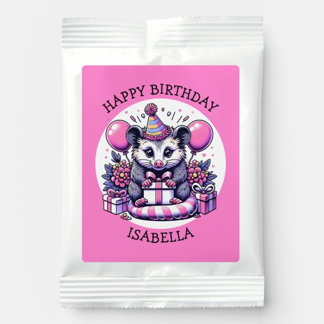Cute Personalized Girl's Birthday Possum Lemonade Drink Mix (Front)