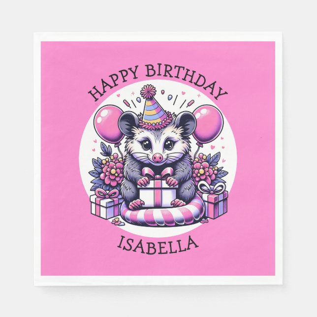 Cute Personalized Girl's Birthday Possum Napkins (Front)
