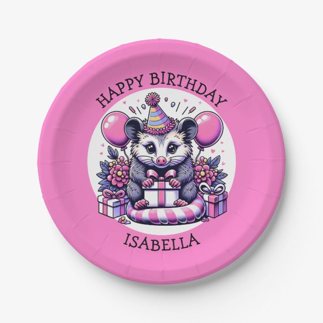 Cute Personalized Girl's Birthday Possum Paper Plates (Front)