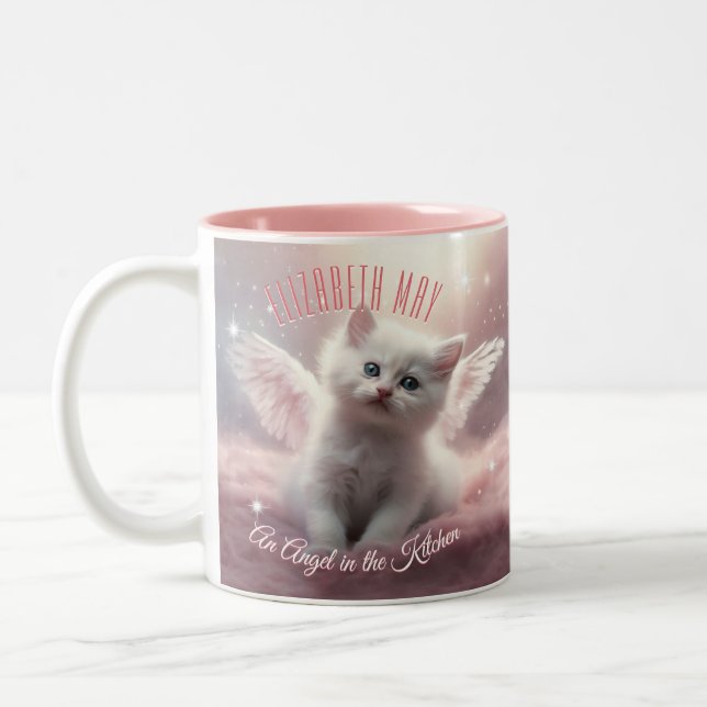 Cute Personalized Girly Pink Kitten Two-Tone Coffee Mug (Left)