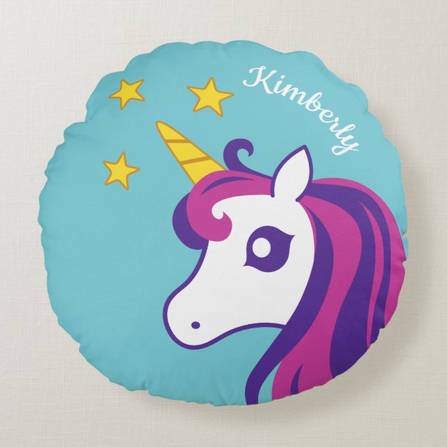 Cute personalized girly unicorn round throw pillow (Front)