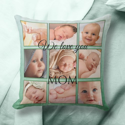 Cute Personalized Green Photo Collage Pillow