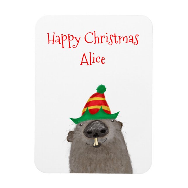 Cute personalized groundhog Christmas magnet (Vertical)