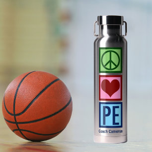 Cute Personalized Gym Teacher Peace Love P.E. Water Bottle