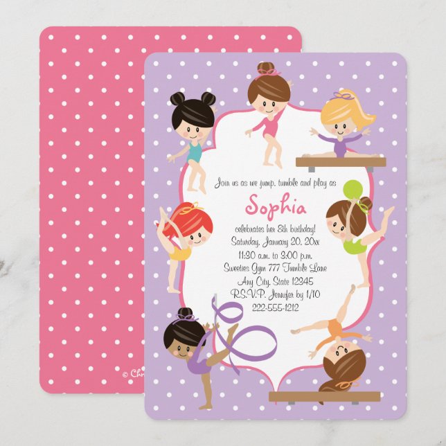 Cute Personalized Gymnastics Birthday Party Invitation (Front/Back)