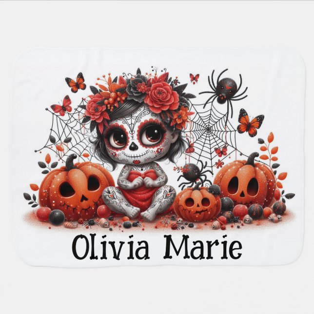 Cute Personalized Halloween Baby Sugar Skull  Baby Blanket (Horizontal)