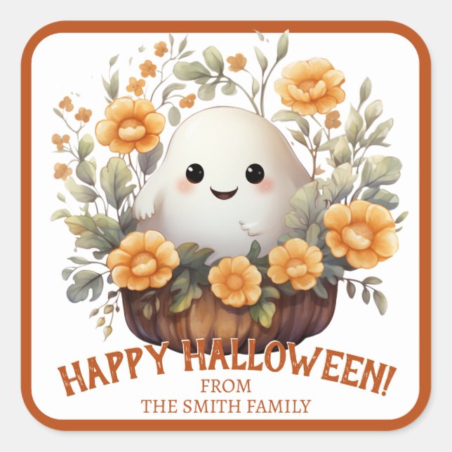 Cute Personalized Halloween Ghost Square Sticker (Front)