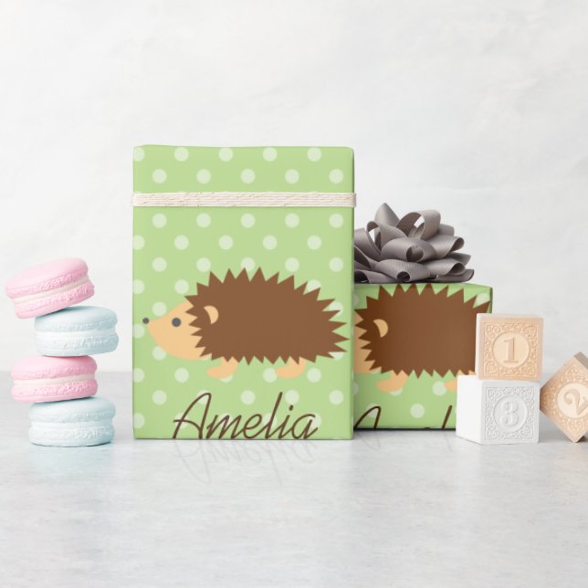 Cute personalized hedgehog polkadot wrapping paper (Baby Shower)