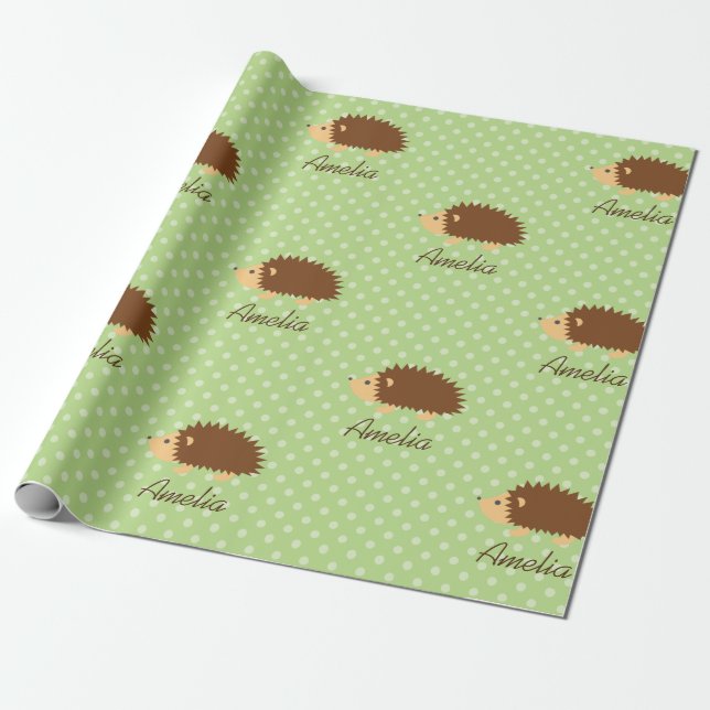 Cute personalized hedgehog polkadot wrapping paper (Unrolled)
