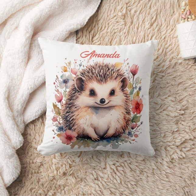 Cute Personalized Hedgehog watercolor Throw Pillow (Blanket)