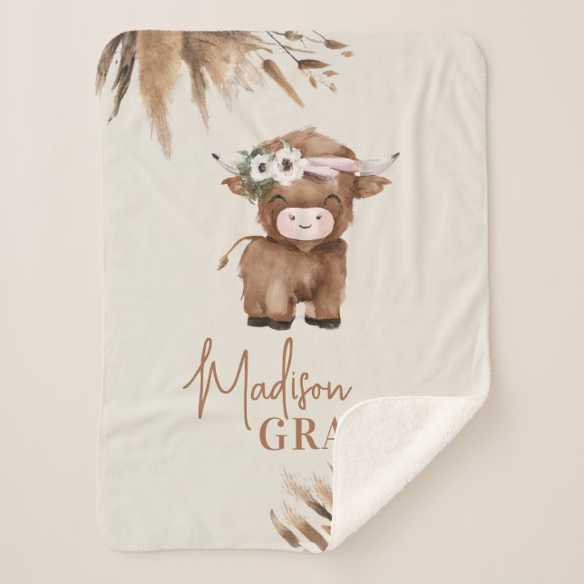 Cute Personalized Highland Cow Baby Blanket (Front)