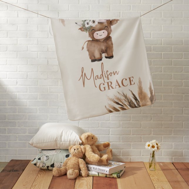 Cute Personalized Highland Cow Baby Blanket (In Situ)