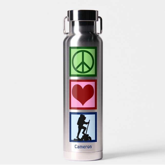 Cute Personalized Hiker Peace Love Hiking Water Bottle (Front)