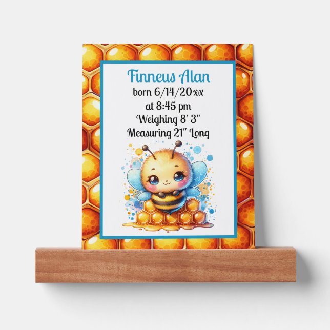 Cute Personalized Honey bee Themed Baby Birth Info Picture Ledge (Front)