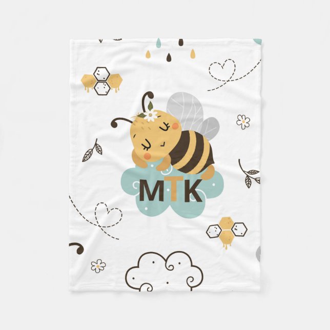 Cute Personalized Honey Bee Yellow Teal Gray  Fleece Blanket (Front)