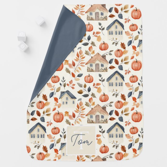 Cute Personalized Houses and Leaves Fall Baby Blanket (In Situ)