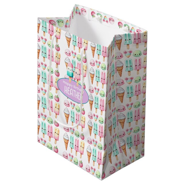 Cute Personalized IcePop Summer Birthday Girls Medium Gift Bag (Front Angled)