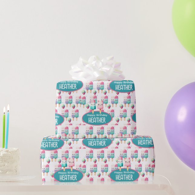 Cute Personalized IcePop Summer Birthday Girls Wrapping Paper (Party Gifts)