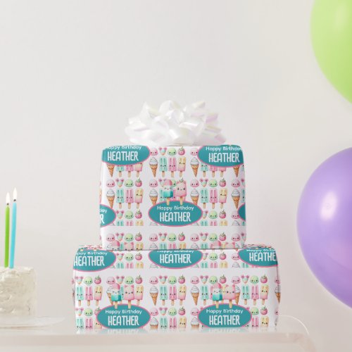 Cute Personalized IcePop Summer Birthday Girls Wrapping Paper