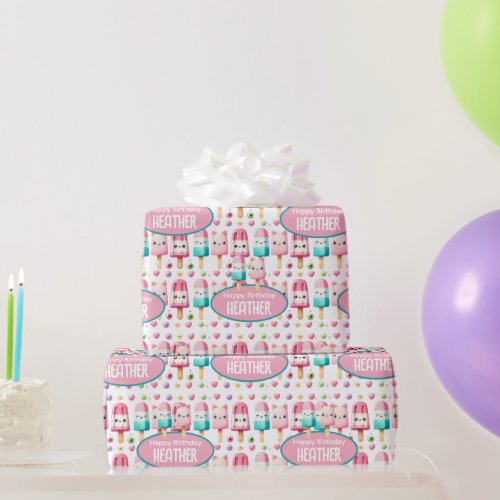 Cute Personalized IcePop Summer Birthday Girls Wrapping Paper