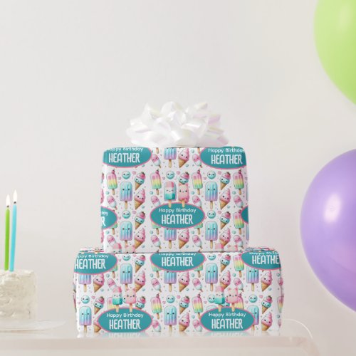 Cute Personalized IcePop Summer Birthday Girls Wrapping Paper