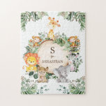 Cute Personalized Jungle Safari Animals Monogram Jigsaw Puzzle<br><div class="desc">This trendy design features a group of cute safari animals and rustic watercolor botanical greenery. Personalize it with your child's name by clicking the "Personalize"button.</div>