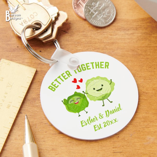 Cute Personalized Kawaii Cabbage Valentine Couples Keychain (Fun BETTER TOGETHER cabbage Valentine keyring with cute kawaii cabbage heads. Incl personalization.)