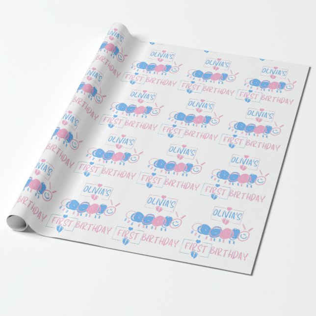 Cute Personalized Kids Doodle Worm Draw Birthday Wrapping Paper (Unrolled)
