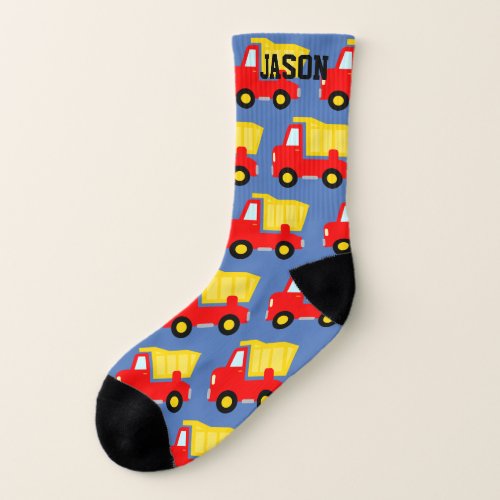 Cute personalized kids socks with red dump trucks